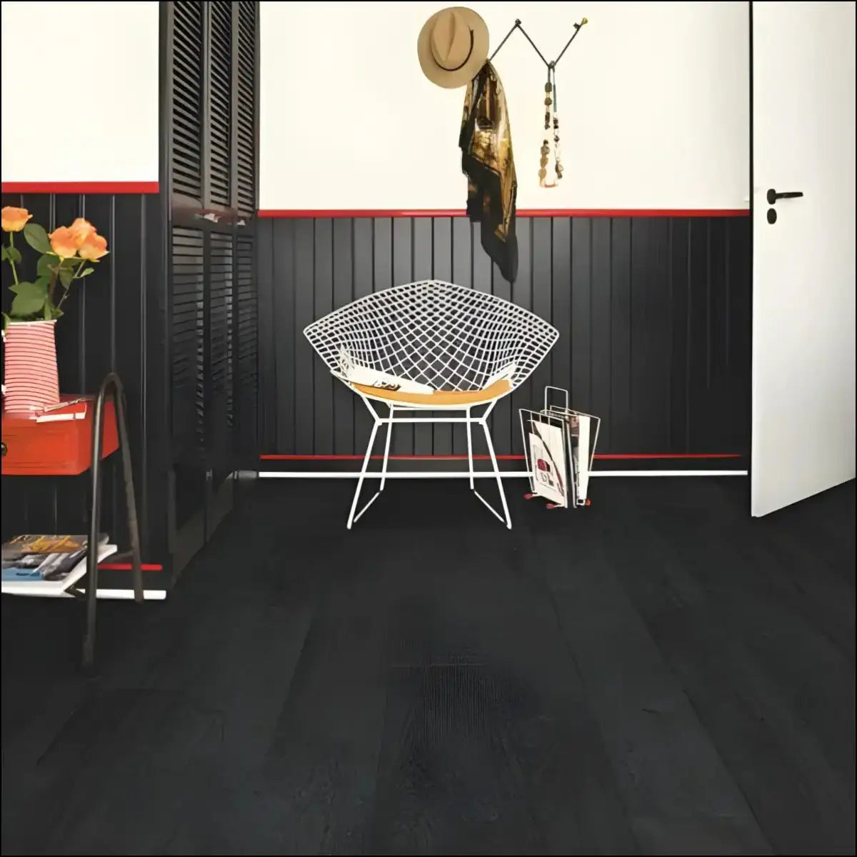 White wireframe chair with light wood seat on quick-step impressive ultra laminate burned planks floor