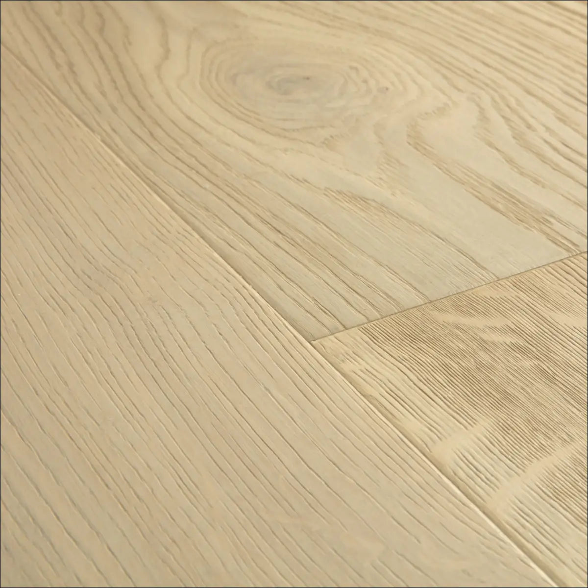 Light-colored oak hardwood flooring with natural grain in quick step massimo white daisy oak extra matt finish