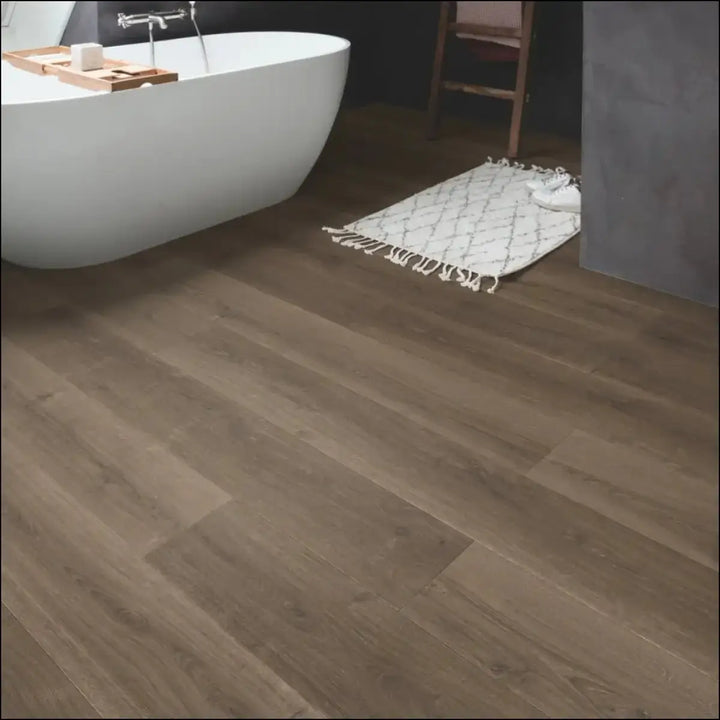 Dark brown quick-step capture laminate brushed oak flooring with realistic wood grain and brushed oak brown finish