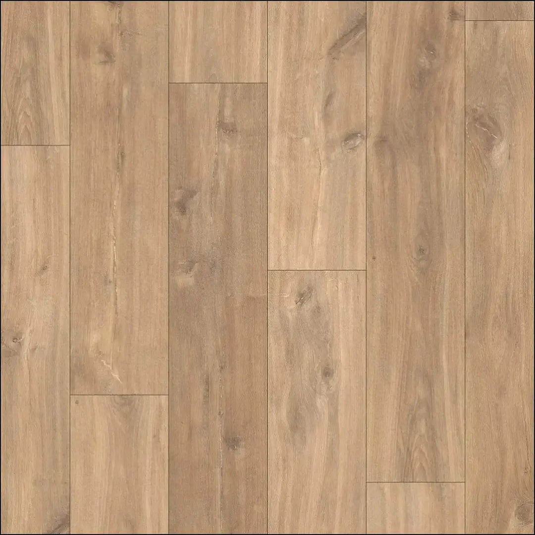 Light brown quickstep classic laminate flooring with natural wood grain and subtle knots in midnight oak natural finish