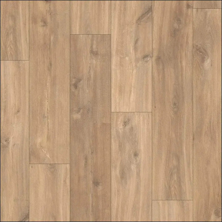 Light brown quickstep classic laminate flooring with natural wood grain and subtle knots in midnight oak natural finish