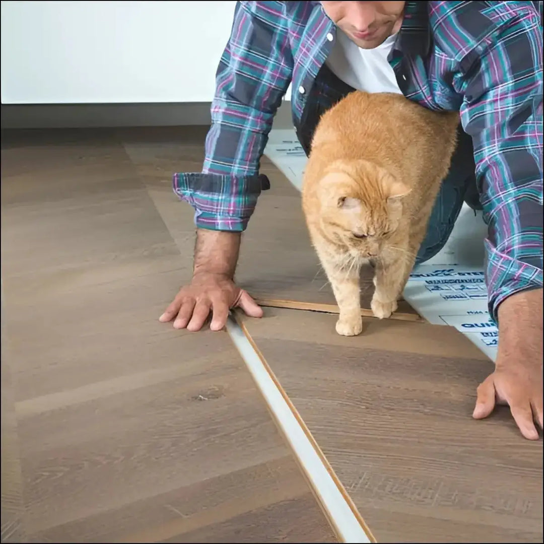 A ginger cat stands on a partially installed quickstep intenso engineered wood eclipse oak oiled floor with a fluffy coat