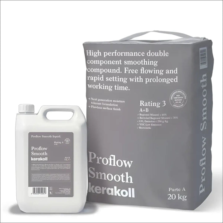 Gray bag of tile master pro flow leveling compound by kerakoll for smooth high-performance double component use