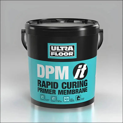Black plastic bucket with teal label for ultra-floor dpm it rapid curing primer membrane for subfloor moisture use