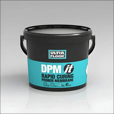 Black plastic bucket with teal label of ultra-floor dpm it rapid curing primer membrane solvent-free epoxy resin damp proof membrane