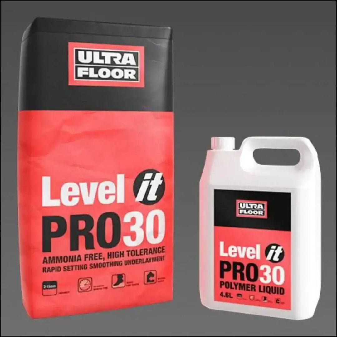 Red and black bag of ultra floor level pro 30 rapid setting floor levelling compound next to white polymer liquid jug