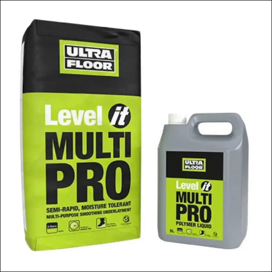 Ultra-floor multi-pro floor levelling compound in lime green bag with grey polymer liquid for moisture tolerant smoothing