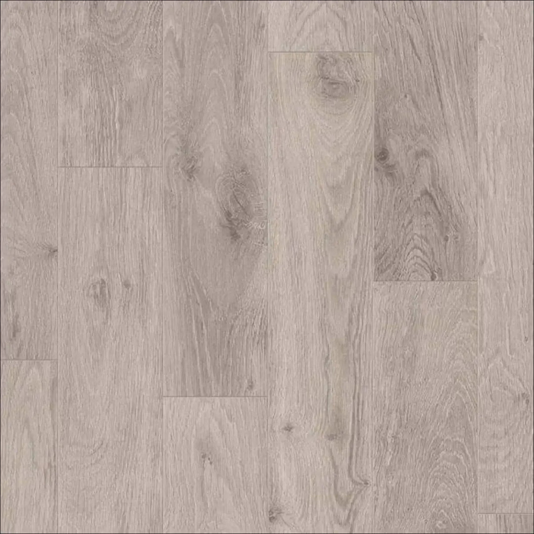Light gray xtra step water resistant 12mm laminate greige flooring with natural grain pattern and visible knots
