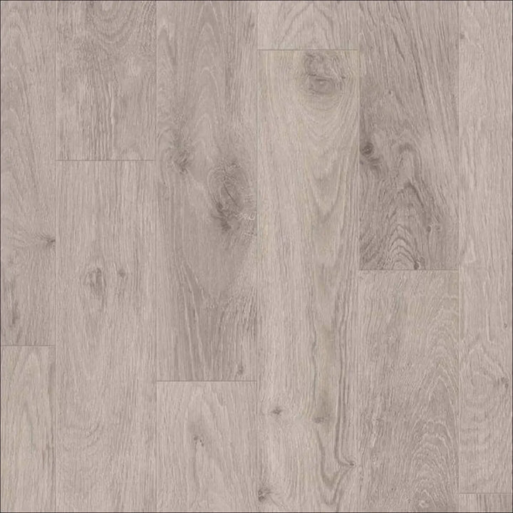 Light gray xtra step water resistant 12mm laminate greige flooring with natural grain pattern and visible knots